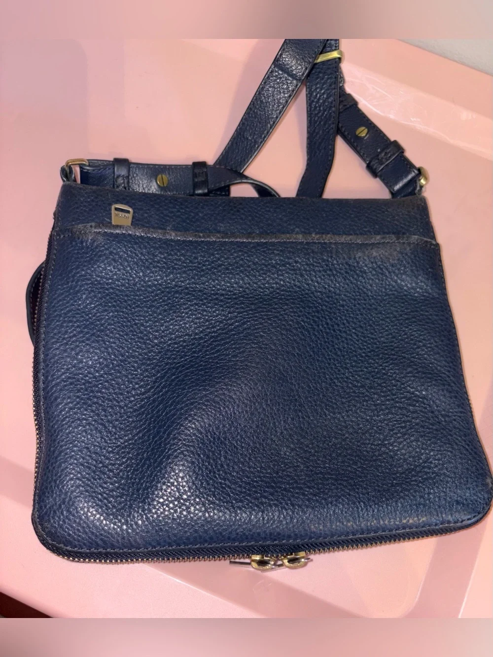 Fossil Dark Blue Pebbled Leather Crossbody Bag